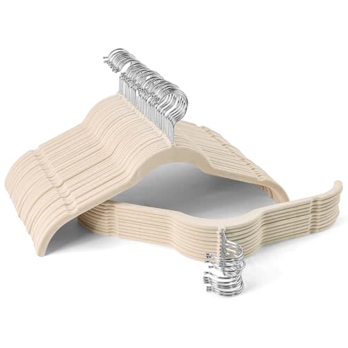 Sishynio Premium Velvet Shirt Hangers 50 Pack, Non-Slip 360° Swivel Hook Slim Flocked Coat Hanger, Space Saving Felt Hanger for for Tank Top, Blouses, Strappy Dresses(Beige)