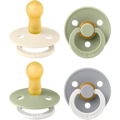 BIBS Colour Soother 4-Pack | BPA Free Dummy Pacifier | Round Nipple | Natural Rubber Latex | Made in Denmark | Size 6-18 Months | Sage Glow Mix