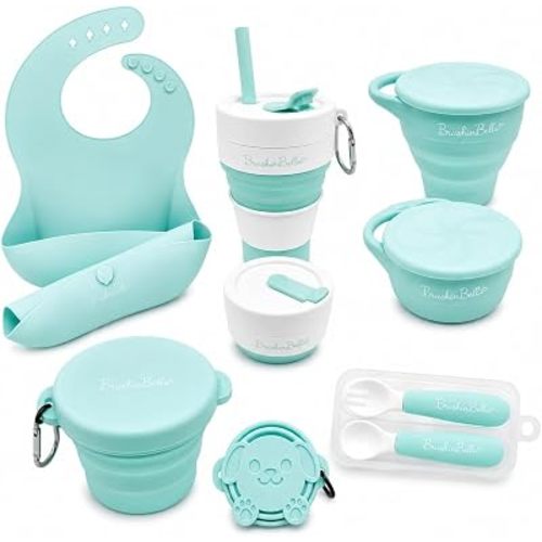 Collapsible Feeding Set - Travel Supplies: Silicone Suction Bowl, Plate, Bib, Spoons for Baby & Toddler Gift