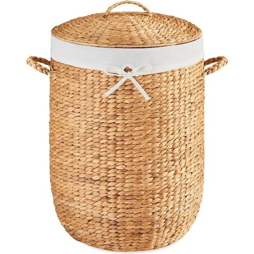 Best Choice Products Round Laundry Hamper w/Lid, Handwoven Laundry Basket, Built-in Handles & Removable Liner for Clothes, Towels, Blanket & Storage Organization - Natural