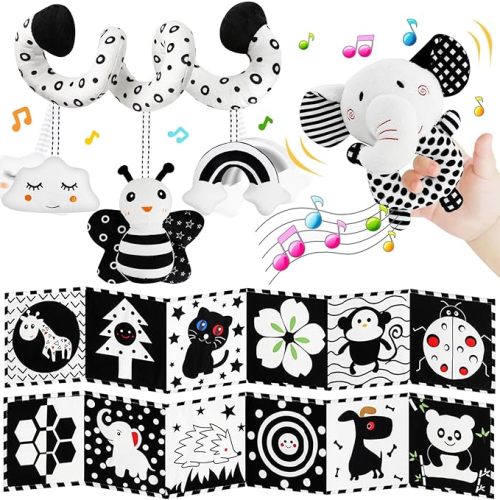 TSYAN Car Seat Toys for Babies 0-6 Months,Hanging Rattle Toys for Crib Mobile, Baby Spiral Hanging Stroller Black and White High Contrast Toys for Newborn 0 3 6 9 12 Months Baby Boys Girls (Bear)