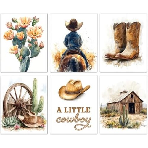 FEOFTIE Western Nursery Decor and Cowboy Nursery Decor 8x10 Unframed Canvas Wall Art Prints Set of 6 for Boys Room Decor Rustic Farmhouse Baby Boy Nursery Wall Decor Pictures