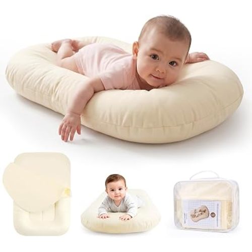 Baby Lounger 0-24 Months, 3.9" Side Bumpers for Roll Prevention + 1.9" Shallow Indent to Reduce Suffocation Risk – Portable Infant Support Cushion, CPSC Certified, Machine Washable (Beige)