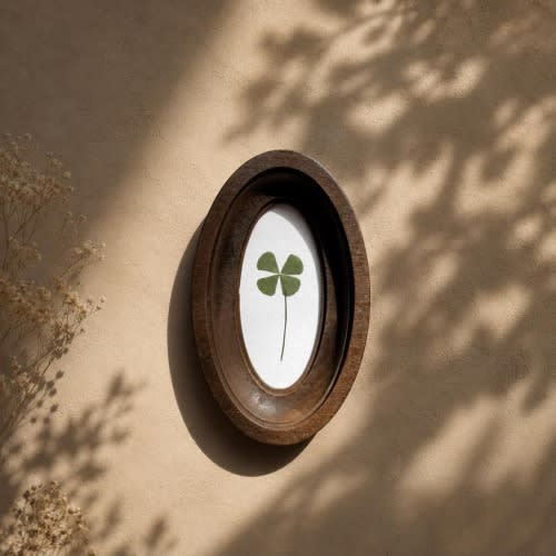 Four-leaf clover in oval frame, good luck charm, pressed clover, handmade botanical decor
