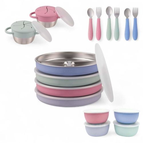 Elk and Friends Kids Stainless Steel Mealtime Bundle | 16 Pcs Dinnerware Set | Plates, Bowls, Snack Cups & Toddler Utensils | Travel Storage Lids | Dishwasher Safe