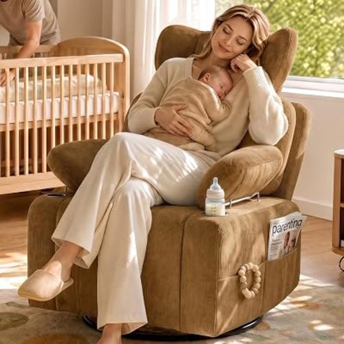 Nursery Rocking Glider Chair w/ Adjustable Armrest, Headrest, Brown