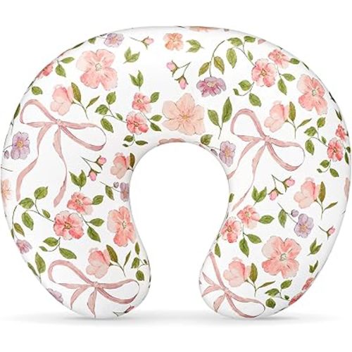 TANOFAR Nursing Pillow Cover, Stretchy Removable Breastfeeding Pillow Cover, Ultra Soft Snug Fits On Newborn Feeding Pillow Case for Baby Girls, Pink Bow