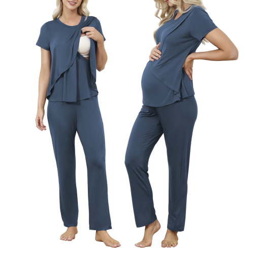 Zando Womens Bamboo Maternity Nursing Pajamas Set Layer Soft Postpartum Lounge Set for Woman Tulip Hem Breastfeeding Woman PJ 2 Piece set