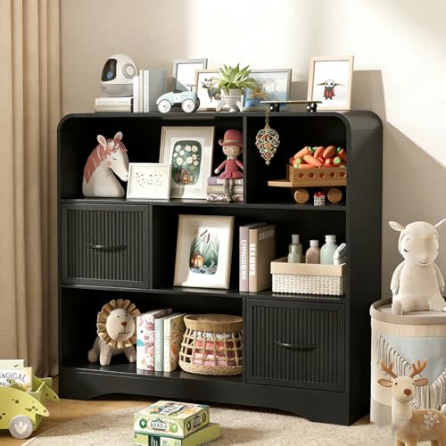 Toy Storage Organizer, 6-Cube Toy Organizer with 2 Fabric Bins, Large Toy Storage Cabinet, Toy Chest Storage for Playroom, Kids Room Nursery, Black