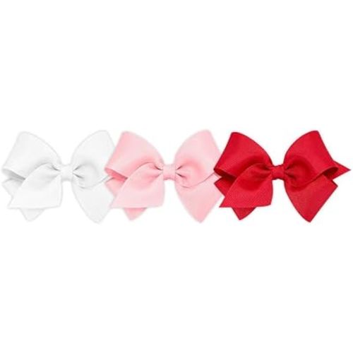 Wee Ones Girls' 3 pc Set Solid Grosgrain Variety Pack on a WeeStay No-Slip Hair Clip, Small, Light Pink, Red, and White