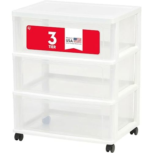 IRIS USA Plastic Drawer Storage Organizer Rolling Cart, with Wheels Casters, 3-Drawers, for Art Craft Supplies Bathroom Dorm Bedroom Laundry Room, Wide, White