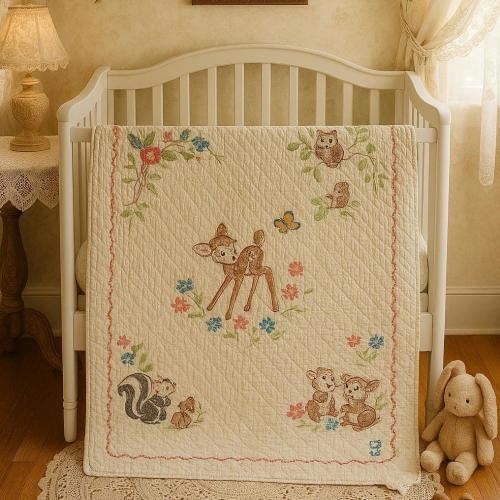 Vintage 1978 Hand-Stitched Disney Bambi Baby Quilt – Signed Embroidered Blanket – Woodland Nursery Decor