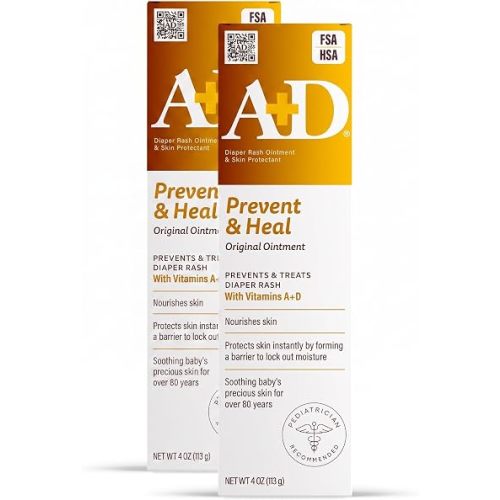A+D Original Diaper Rash Ointment Prevents & Treats Diaper Rash, Moisturizing Skin Protectant with Vitamins A & D, Healing Skin-Ointment for Dry and Cracked Skin 4oz (Pack of 2)