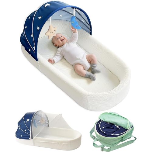 Portable Newborn Nest Lounger with Canopy & Mosquito Net-Lightweight Foldable Newborn Play Support & pad and Washable Cover, Indoor-Outdoor Use(Blue)