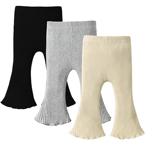 DREAM BUS 3 Pack Baby Girl Pants Toddler Leggings Solid Ribbed Cotton Baby Girls Flare Pants Toddler Bell Bottoms