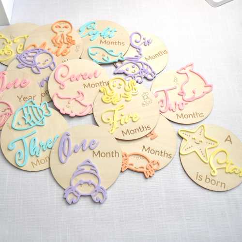 Ocean Animals Baby Milestone Markers: Engraved Wood Photo Props
