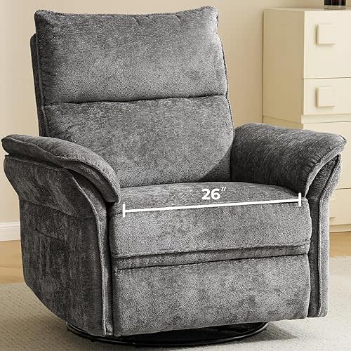 Oversized Power Recliner Chair Swivel Glider with Massage and Heat, Rocker Nursery Recliner for Adults with Adjustable Headrest, 26" Extra Wide Nursery Chair with Overstuffed Armrest, Dark Grey