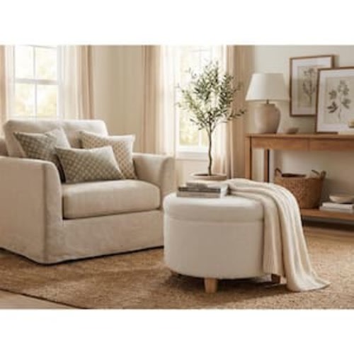 Cream Boucle Fabric Storage Ottoman