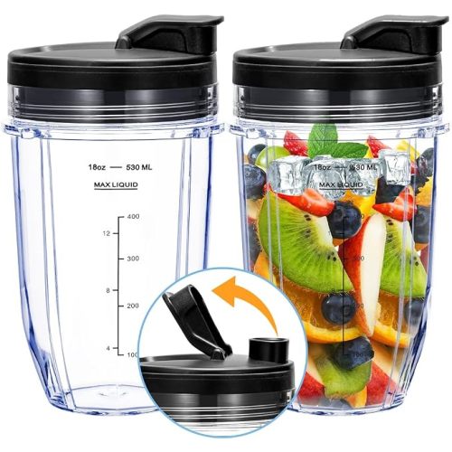 Replacement 18oz Blender Cup with Sip & Seal Lid For Nutri Ninja BL450 BL456 BL480 BL482 BL640 BL642 BL682 BN751 BN801 Foodi SS101 SS151 SS351 SS401 SS400 Ninja Blender Auto IQ Blade, 2-Pack