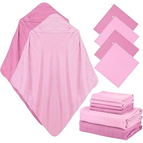 Preboun 6 Pcs Muslin Hooded Baby Towels and Washcloths 32"x 32" Cotton Newborn Bath Towel Anti-Shrink Infant Baby Blankets with Hood 12"x 12" Washcloths for Girl Boy Toddler(Rose Red,Pink)