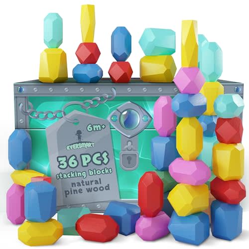 EVERSMART Wooden Stacking Blocks – Montessori Toys for 1 2 3 4 5 6 Year Old Toddlers and Kids, No Choking Hazard – Building Rocks Stones Games, for Girls and Boys