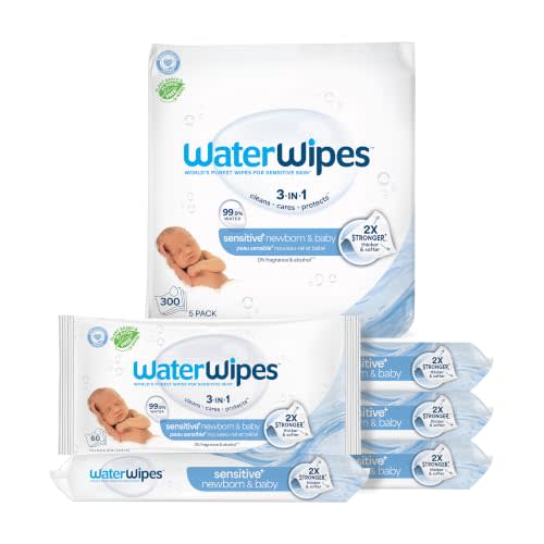 WaterWipes Sensitive+ Newborn & Baby Wipes, 3-In-1 Cleans, Cares, Protects, 99.9% Water, Unscented & Hypoallergenic, 300 Count (5 Packs)