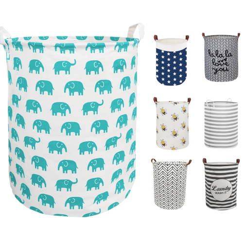 Furrygo Large Kids & Baby Laundry Basket, Waterproof Canvas, Collapsible Storage Bin, Green Elephant