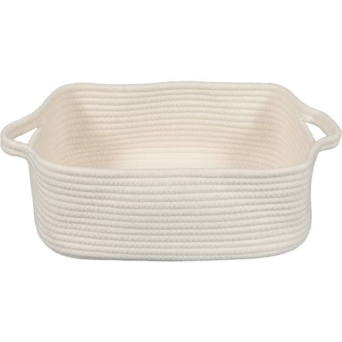 Woven Cotton Rope Storage Basket with Handles for Organizing Shelves Closet Small Cat Dog Pet Toy Baskets Box Bin Decorative Rectangle Baby Nursery basket Gift basket Empty(white)