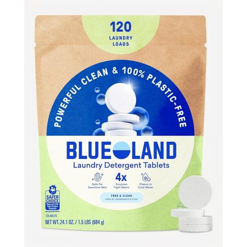 BLUELAND 100% Plastic-Free Laundry Detergent Tablets, 120ct, Free & Clear