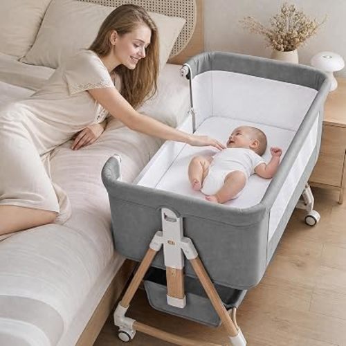 Uuoeebb Baby Bassinet, 3 in 1 Bedside Bassinets for Baby, 6 Height Adjustable Bassinet Bedside Sleeper with Mattress, Breathable Mesh, Lockable Univesal Wheels, Storage Basket, Easy to Assemble(Grey)