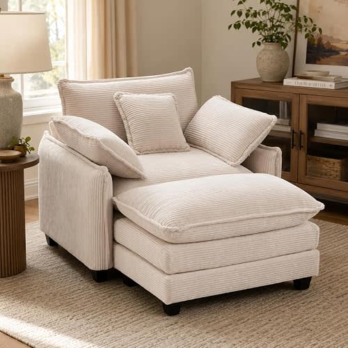 Oversized Chair with Ottoman, Corduroy Reading Chair with Footrest, Comfy Accent Armchair for Living Room Bedroom, Single Sofa Lounge Chair, 350 lbs (Beige)
