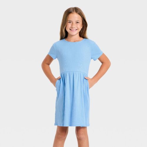 Girls' Short Sleeve Rib-Knit Dress - Cat & Jack™ Sky Blue S
