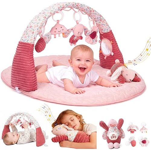 Baby Gym Play Mat with 5 Detachable Sensory Toys, Musical & Light Infant Newborn Gifts, Tummy Time Play Mat for Babies 0-6 Months & 6-12 Months