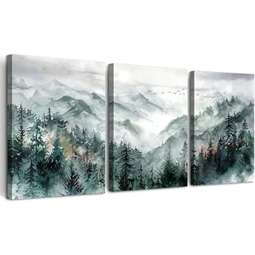 TTHYUEWS Wall Decor for Living Room 3 Piece Canvas Art Prints Wall Art for Bedroom Office Decor Mountain Forest Landscape Wall Pictures Watercolour Paintings Artwork Ready to Hang Home Decoration