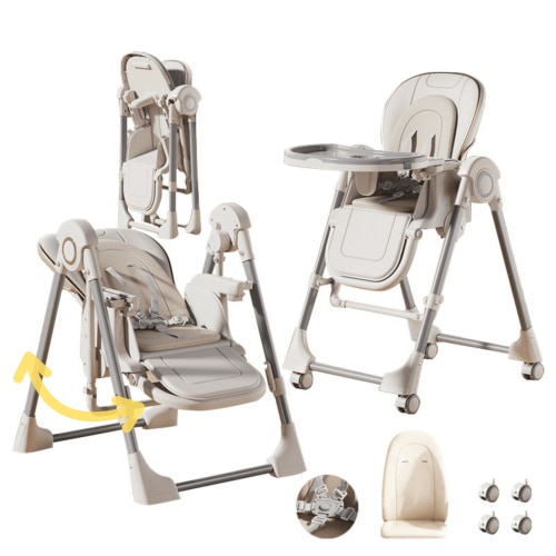 4 in 1 Convertible Baby High Chair Baby Swings Foldable Infant Feeding Chair Dining Chair with Removable Tray,5-Point Harness,Universal Wheels ,PU Leather for Babies to Toddlers,White