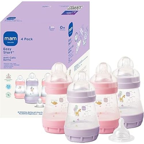 MAM 5oz Easy Start Anti-Colic Baby Bottles, Slow Flow with Bonus Medium Flow Nipple, Reduces Colic, Gas, & Reflux, Easy-to-Clean, BPA-Free, Baby Bottles for Newborns, 0-3 Months