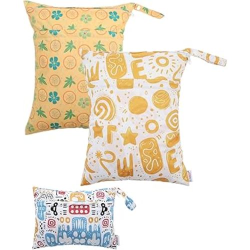 ALVABABY 3 Cloth Diaper Wet Dry Bags Waterproof Reusable with Two Zippered Pockets Travel Beach Pool Daycare Soiled Baby Items Yoga Gym Bag for Swimsuits or Wet Clothes Small medium Large 3L-SML05