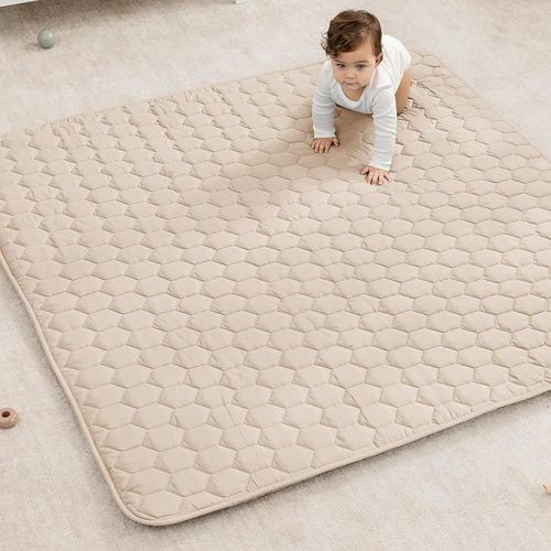 Comfy Cubs Square Kids Play Mat - 56 x 56 inches Soft Quilted Baby Floor Mat with Non-Slip Bottom - Plush Design for Toddlers' Playtime - Comfortable and Durable - Sand