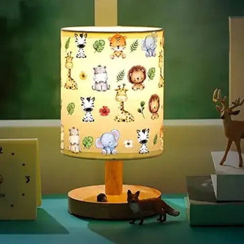 Safari Animal Kids Table Lamp for Bedroom Kids Bedside Lamp with Linen Wooden Nightstand Cartoon Nursery Lampshade for Girls Boys Living Room