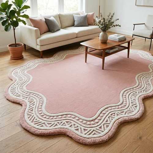 Hand-Tufted Wool Scalloped Area Rug: Blush Pink Floral Border Nursery Carpet