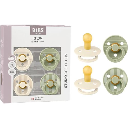 BIBS Colour Pacifier 4-Pack, BPA Free Pacifiers, Round Nipple. Natural Rubber Latex, Made in Denmark, Size 1 (0-6 Months), Ivory/Sage