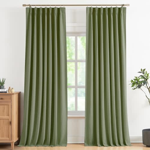 Vision Home Dark Green Pinch Pleated Full Blackout Curtains Linen Blended Room Darkening Curtain Panels 102 inch for Living Room Bedroom Thermal Insulated Pinch Pleat Drapes with Hooks 40" Wx102 Lx2