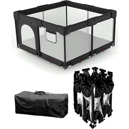 Dearlomum Foldable Baby Playpen with Non Removable Mat, Extra Large Collapsible Play Yard for Babies & Toddlers, Portable Travel Playpen, Baby Activity Center for Indoor & Outdoor Use (Black 51"×51")