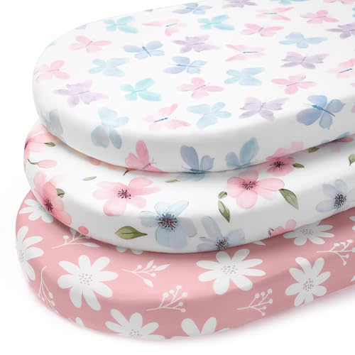 FIEMOL Baby Bassinet Sheets Girl, 3 Pack Fitted Bassinet Mattress Sheets, Compatible with Halo Bassinest Swivel Sleeper&Oval Hourglass Rectangle Mattress,Ultra Soft Butterfly Floral