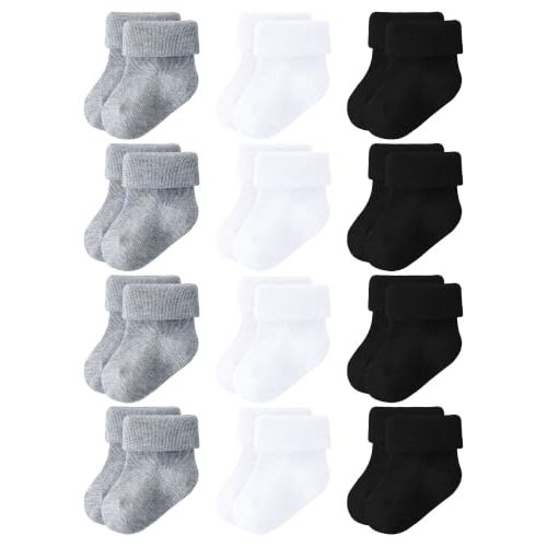 Newborn Socks 0-3 Months Baby Turn Cuff Infant Crew Socks 12 Pairs