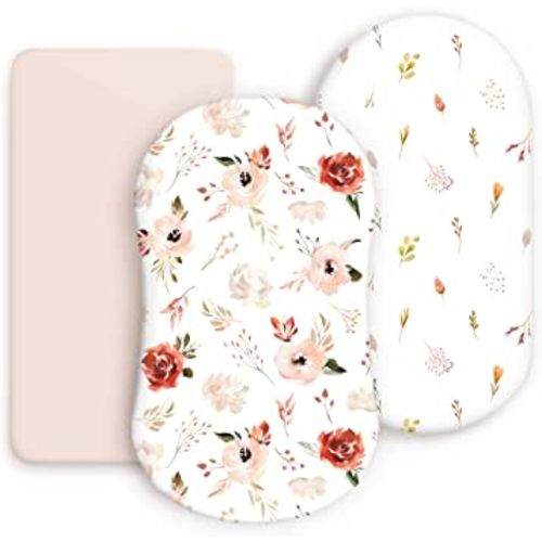 Stretchy Ultra Soft Bassinet Fitted Sheets 3 Pack, Universal Fitted for Bassinets Oval Rectangle Mattress, Pretty Bassinet Sheets for Baby Girls, Watercolor Rose Flora Orange Pink