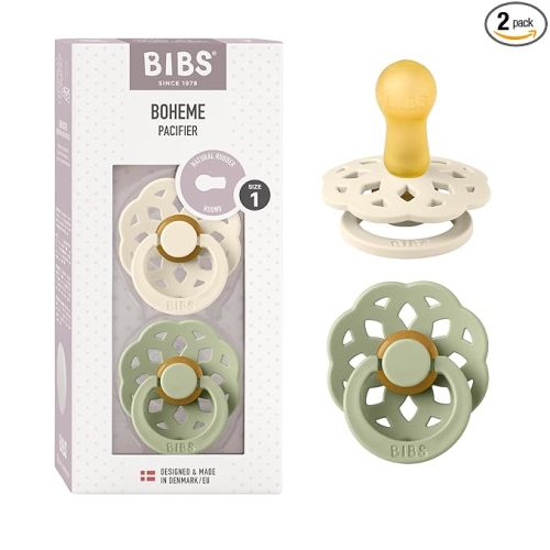 BIBS Pacifiers - Boheme Collection | BPA-Free Round Nipple | Nautral Rubber Latex | Made in Denmark | Set of 2 Ivory/Sage Color Premium Soothers | Size 0-6 Months