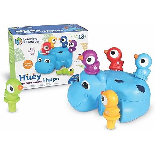 Learning Resources Huey The Fine Motor Hippo, Fine Motor Toy for Toddlers, Develops Counting and Color Recognition, Educational Toys for Toddlers, 7 pieces, Ages 18 mos+