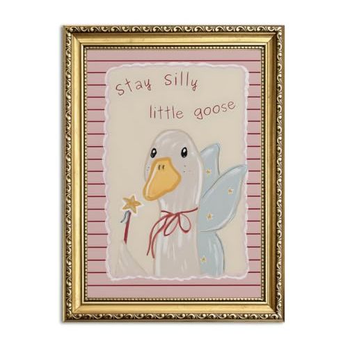 Stay Silly Little Goose Wall Art Cute Fairy Duck Wall Decor Painting, Moden Pink Striped Animal Poster Canvas Print Picture for Living Room Bedroom 16x24 inch Gold Framed