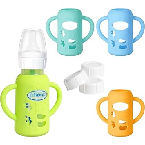 3 Pack Silicone Sleeve with Handle + Narrow Storage Caps, Anti Breakage Baby Bottle Holder, Compatible Dr. Brown's Narrow Baby Bottle(Orange+Blue+Green), 4 oz/120 mL